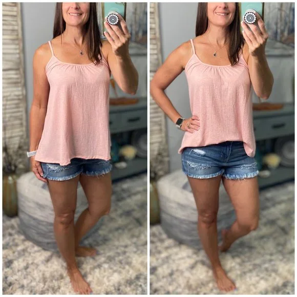 ❤️🔥Scoop Neck Spaghetti Strap Floaty Textured Tank Shirt Top Blush Pink 2322 - Picture 1 of 9
